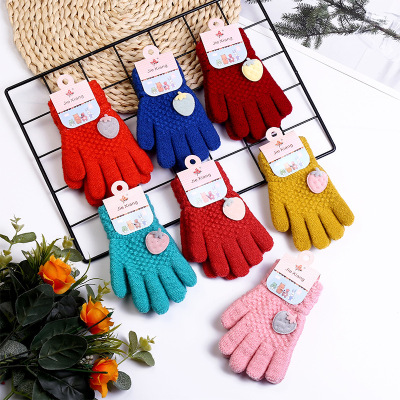 Spot Rice Grain Strawberry Twill Autumn and Winter Finger Gloves Double Jacquard Striped Student Children Warm Gloves