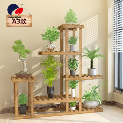 Flower Stand Multi-Layer Solid Wood Balcony Stand Succulent Plant Reinforced Solid Wood Carbonized Kindergarten Green Plant Flower Rack Free Shipping