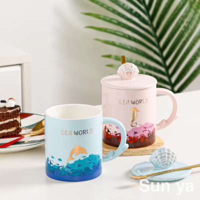 Hot Hand Painted Ocean Style Shell Ceramic Cup Creative Mug with Cover with Spoon Coffee Cup Office Water Cup