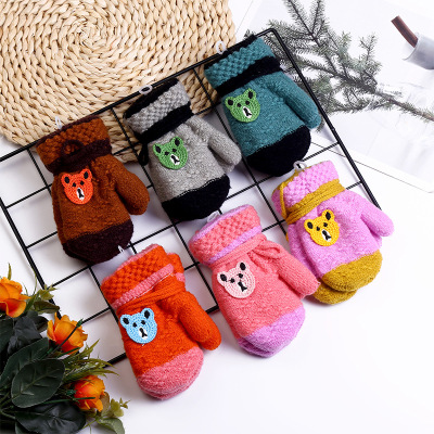 New Twill Winter Finger Bear Gloves Double Jacquard Striped Student Children Warm Gloves in Stock Wholesale