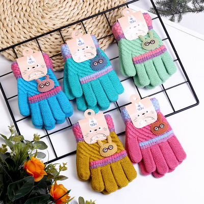 Spot Twill Autumn and Winter Gloves Twill Glasses Rabbit Double Jacquard Striped Student Children Warm Gloves Direct Wholesale