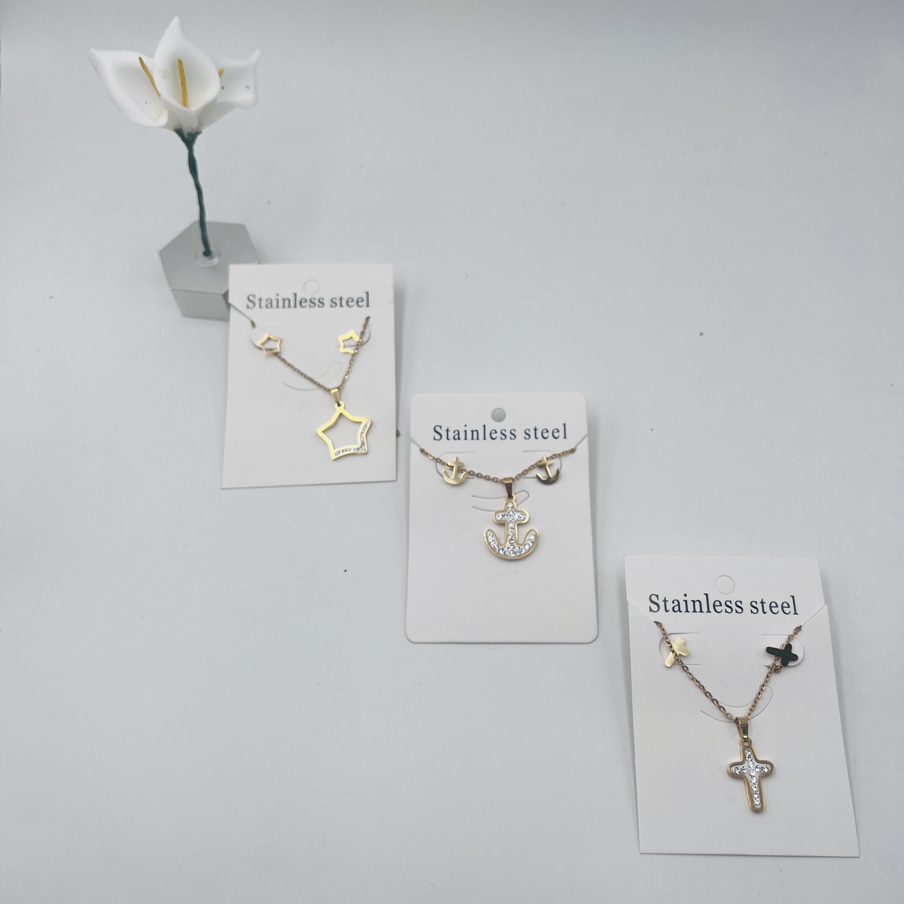 气质款 花 太阳 雨和你 不锈钢金色潮流三件套装 吊坠 耳钉