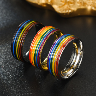 Amazon Sources Rainbow Flag Gay Gay Titanium Steel Ring 18K Gold Plating Cheerleading Ring Factory Direct Sales
