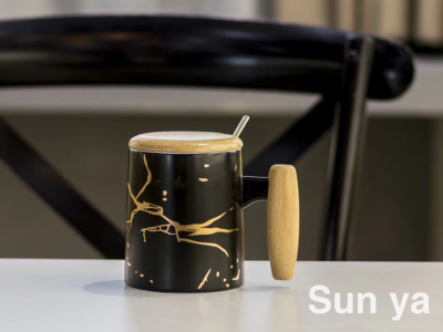 Hot Selling Nordic Simple Ceramic Cup with Cover with Spoon Coffee Cup Wooden Handle Gold Design Mug Office Water Glass