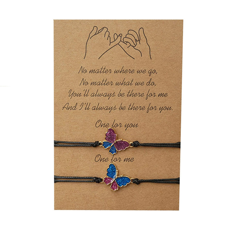 跨境亚马逊创意卡片手链欧美个性蝴蝶合金滴油蜡线编织情侣手链