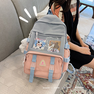 2021 New Backpack Women's Korean Style Japanese Style Cute Girls Backpack Color Contrast Patchwork Junior and Middle School Students Schoolbag Fashion