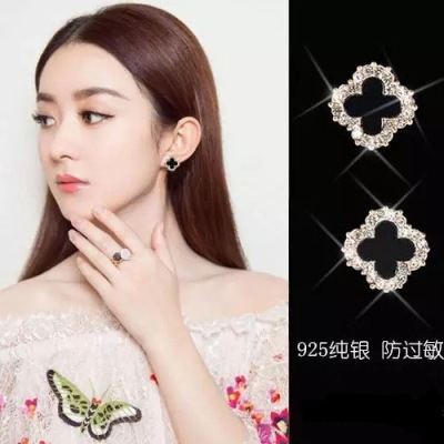 Women 'S Korean-Style Rose Gold Black Clover Sterling Silver Needle Stud Earrings Graceful Online Influencer Personalized Simple Anti-Allergy Earrings