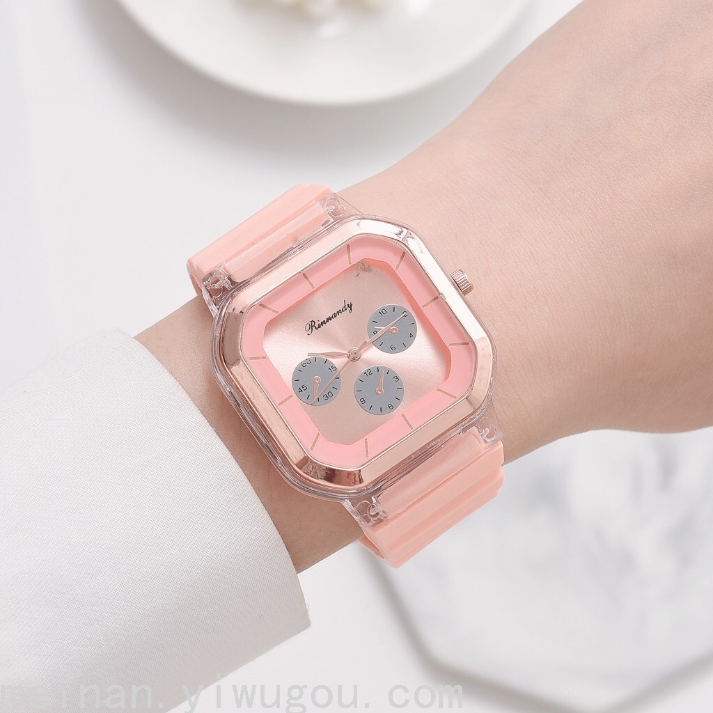 新款女士韩版方形手表 创意三眼硅胶外贸爆款腕表