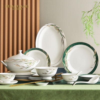 Huaguang National Porcelain Bone China Tableware Suit High-Leg Anti-Scald Bowl and Dish Set Bowl Dish Plate Combination Gift Box with Bright Future