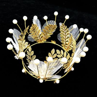 Pearl Mesh Crown Cake Decoration Golden Iron Leaf Crown Baking Ornaments Bridal Hair Accessories Spot