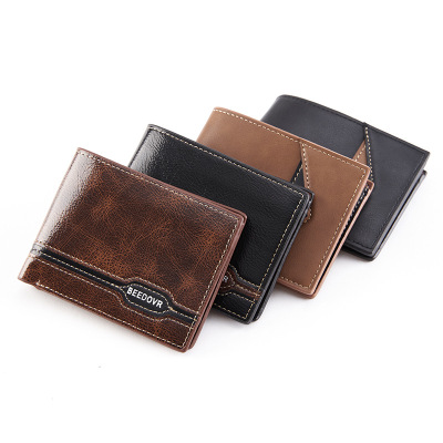 2021 New Men's Wallet Short Multiple Card Slots European and American Retro Wallet Thin Tri-Fold Horizontal Soft Leather Wallet Dollar Bill Holder