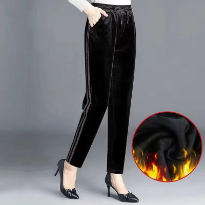 Gold Velvet Middle-Aged and Elderly Women's Pants Fleece-Lined Pants Mom Pants Autumn and Winter Straight Casual Pants Middle-Aged Men's Thickened Trousers Outer Wear