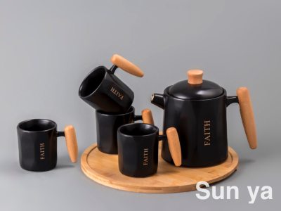 Hot Sale Simple Black and White Ceramic Water Set One Pot Four Cups with Bamboo Wood round Tray Coffee Cup Set