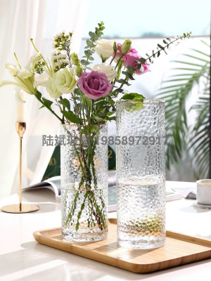 Nordic-Style Light Luxury Ins Corrugated Mouth Glass Vase Transparent Gold-Painted Water-Raised Flowers Lily and Dracaena Sanderiana Flower Arrangement Vase