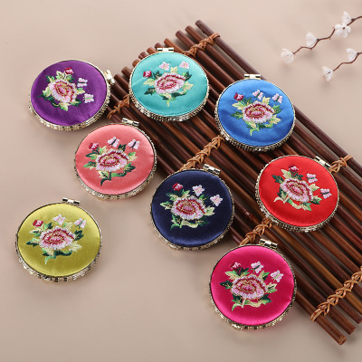 Origin Supply New Republic of China Style Embroidery Double Mirror Heart Shape Printed Brocade Double-Sided Mirror Personality Diversity Small Mirror