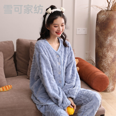 2021autumn and Winter New Coral Velvet Pajamas Women's Flannel Thickened Fleece-Lined Korean Style Split Homewear Suit