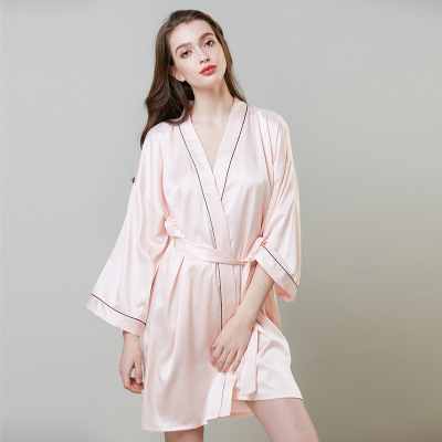 Cross-Border Foreign Trade Pajamas Women's Spring and Summer Long Sleeves Large Size Silk Home Bathrobe Nightgown Bathrobe Bride and Bridesmaid Morning Gowns
