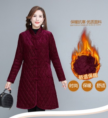 2021 Mother Winter Clothing Mid-Length Corduroy Cotton Coat Middle-Aged and Elderly Women Fleece-Lined Warm and Slimming Stand Collar Chinese Knot Button Cotton Coat