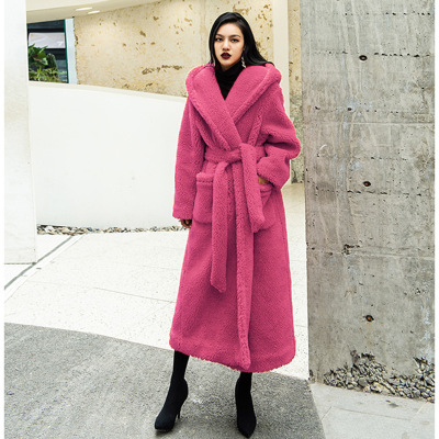 Factory Foreign Trade Cross-Border European and American Winter Casual Socialite Lamb Wool Faux Fur Coat Women's Mid-Length Lapel Hooded