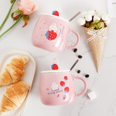 Cute Cartoon Strawberry Rabbit Ceramic Cup with Cover Spoon Mug Gift Student Female Home Office Water Cup Generation