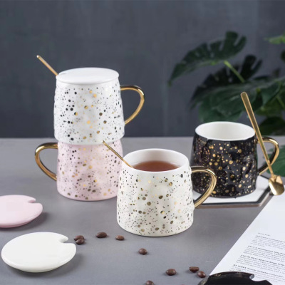 Light Luxury Polka Dot Ceramic Cup Nordic Starry Cup Hand Pinch Concave-Convex Gold Handle Mug Splash Ink Couple Coffee Mug
