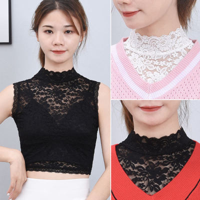 Lace Turtleneck Detachable Collar Women's Versatile Stand Collar Base Fake Collar Sleeveless Underwear Lace Blouse Short Sexy See-through