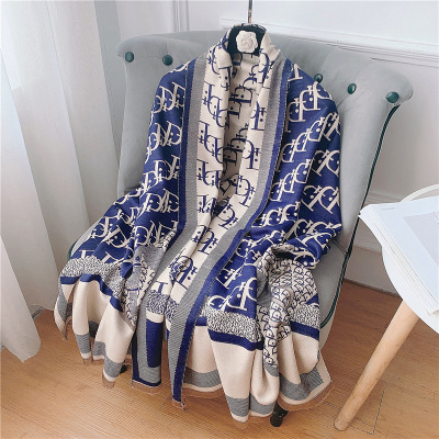 European and American New Letter D Scarf Women's Winter Warm Double-Sided Thermal Foreign Trade Scarf Tassel Shawl Dual-Use Wholesale
