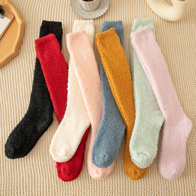 SocksCoral Fleece Socks Japanese Solid Color Calf Socks Female 2021 Autumn and Winter Thick Stockings Coral Fleece Sleeping Socks