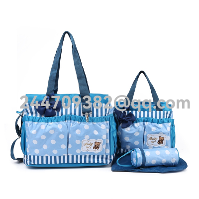 Fashion Printing Big round Dot Mummy Bag Four-Piece Multi-Functional Large Capacity Bowknot One Shoulder Mom Bag Baby Diaper Bag