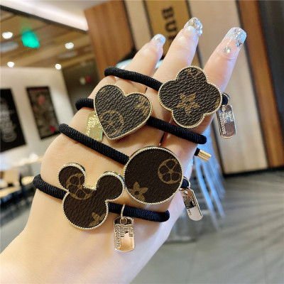 Classic Four-Leaf Clover Hair Rope Big Name Printing Hair Ring Mickey Cowhide Retro Style Half Hair Updo Ponytail Hair Band