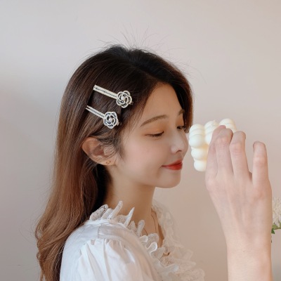 Camellia Pearl Flower Side Clip Word Clip Korean Dongdaemun Same Product Ins Internet Celebrity Minimalist Girl Rhinestone Clamp