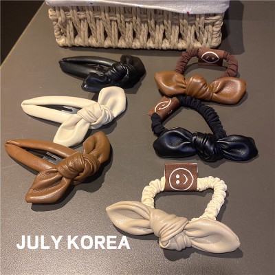 Korean Style Dongdaemun New Leather Bowknot Hair Ring Elegant Girl High Elastic Durable Tied-up Hair Ball Head Rope Female