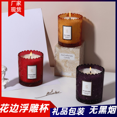 Creative Style Decoration Plant Fragrance Soy Wax Aromatherapy Candle with Hand Gift Lace Relief Glass Aromatherapy Candle