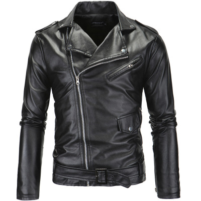 Foreign Trade Men's Motorcycle Slim Fit Casual Polo Collar Oblique Zipper Leather Jacket