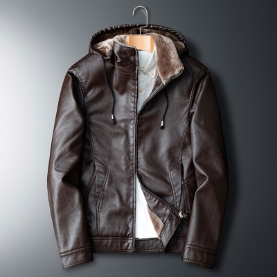 Middle-Aged and Elderly Winter Clothing Coat Men's Foreign Trade Leather Hooded Fleece-Lined Thickened Leather Coat Pu Casual Leather Jacket Fashion