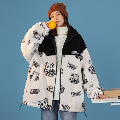 Women's Clothing Berber Fleece Coat Female 2021 Winter New Patchwork Contrast Color Cotton-Padded Clothes Bear Printed Fashion Brand Cotton-Padded Clothes
