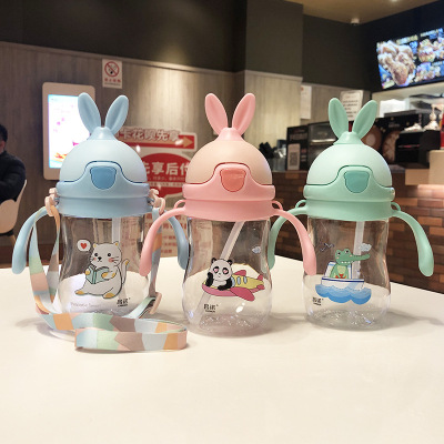 Child's Plastic Water Cup Rabbit Ears Cup with Straw Drop-Proof and Leak-Proof Dual Purpose Cup Portable Baby Water Glass Bounce out