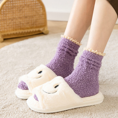 SocksCoral Fleece Socks Women's Fleece-Lined Thickened Solid Color Autumn and Winter Home Sleep Postpartum Confinement Lint-Free Warm Floor Socks
