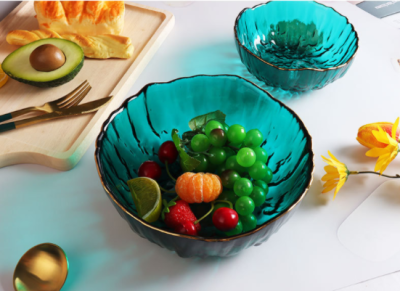 Household Creative Golden Trim Colored Glacier Glass Tableware Vegetables Fruit Dessert Salad Bowl Factory Wholesale
