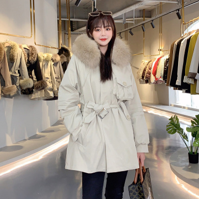 Rex Rabbit Fur Liner Parka Women's Mid-Length Winter Korean Style Fashion Lace-up Waist-Tight Western Style Big Fur Collar Coat