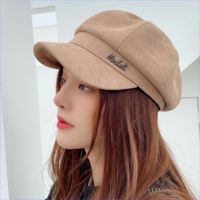 Khaki Peaked Cap Beret Women's Big Head Circumference Suede Retro Octagonal Hat Japanese Spring and Autumn Hat Casual Painter Hat