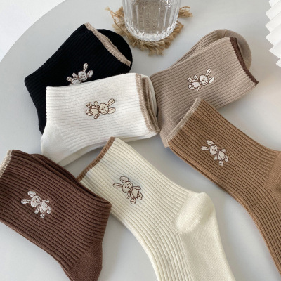 Women's Ins Trendy Autumn and Winter New Cute Korean Style Tube SocksSolid Color Blype Embroidered Bunny Bunching Socks