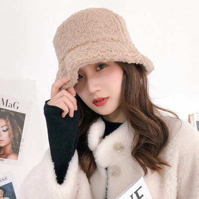 Hat Female Autumn and Winter Korean Style Plush Beanie Hat Japanese Style All-Matching Retro Students Warm-Keeping Bucket Hat Lamb Wool Fisherman Hat