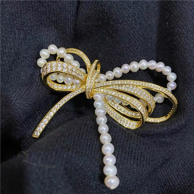Korean Style Simple New Micro Inlaid Zircon Bow Freshwater Pearl Brooch Personality All-Matching Clothes Accessories Corsage