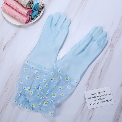New Dishwashing Gloves with Sleeves Household Gloves Fleece-Lined PVC Autumn and Winter Extra-Thick Velvet Dishwashing Factory in Stock