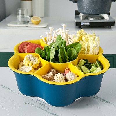 Household Kitchen 7-Compartment Hotpot Ingredient Food Plate Large Vegetable and Fruit Draining Platter Rotating Hot Pot Dish