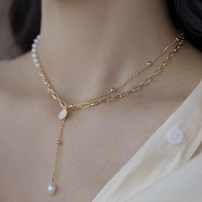 European and American Ins Internet Celebrity Minimalist Fashion High Sense Special-Interest Design Portrait Pearl Double-Layer Clavicle Chain Necklace