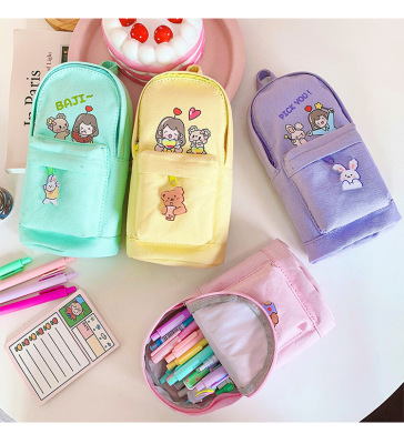 Japanese Ins Cute Canvas Pen Bag Creative Student Pencil Bag Large Capacity Junior High School Student Multifunctional Stationery Box Fashion