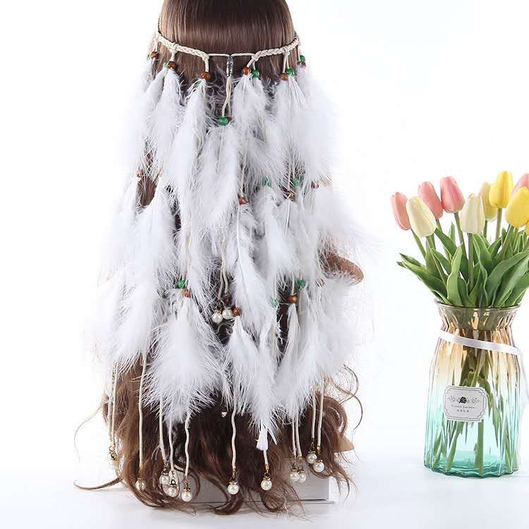 原创白色发饰珍珠挂饰创意发圈波西米亚羽毛发带流苏发绳