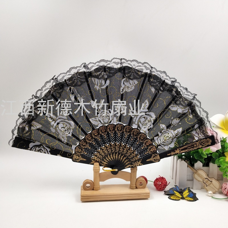 德祯  黑杆塑料花边扇  西班牙花边扇  玫瑰花扇  蕾丝扇
